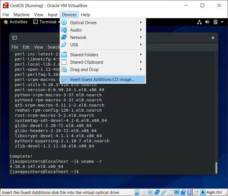 install guest additions virtualbox centos command line